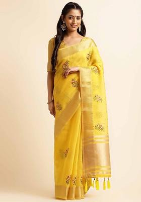 Yellow Embroidered Poly Blend Saree Set