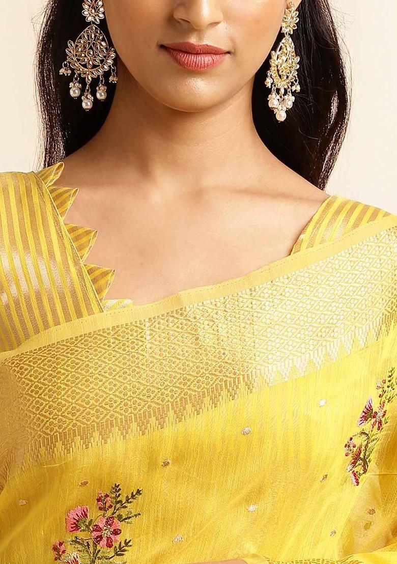 Yellow Embroidered Poly Blend Saree Set