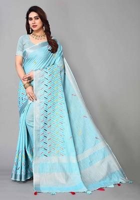 Blue Embroidered Poly Blend Saree Set