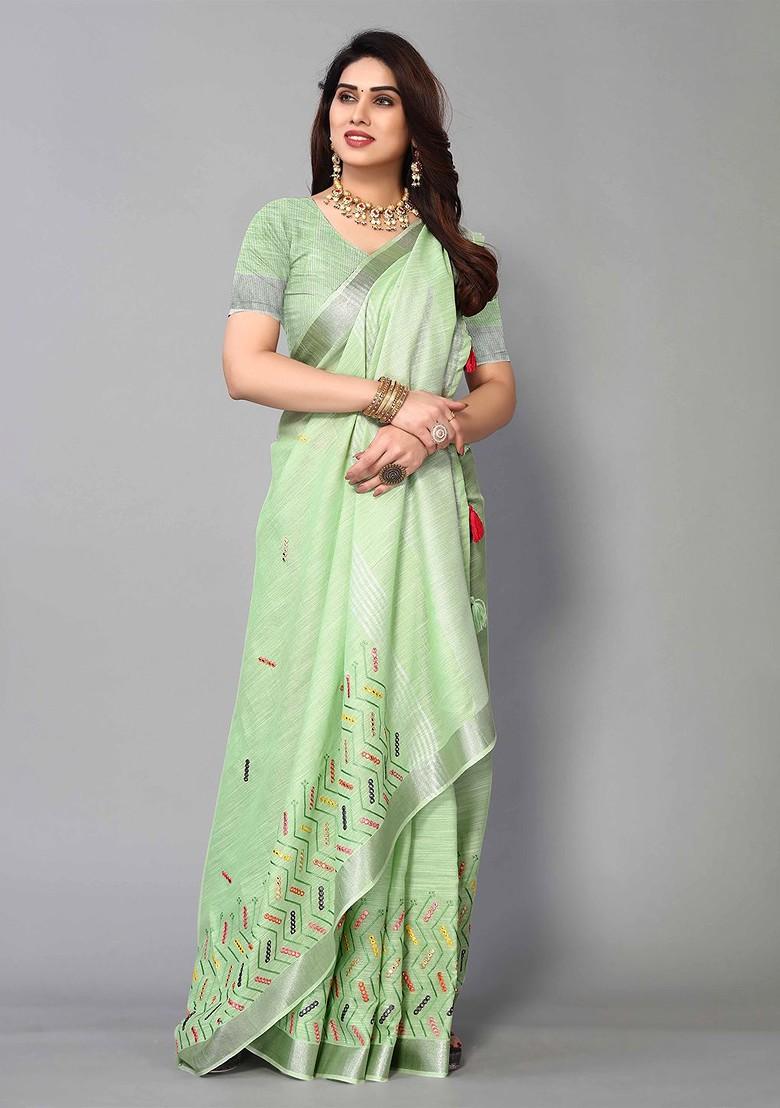 Green Embroidered Poly Blend Saree Set
