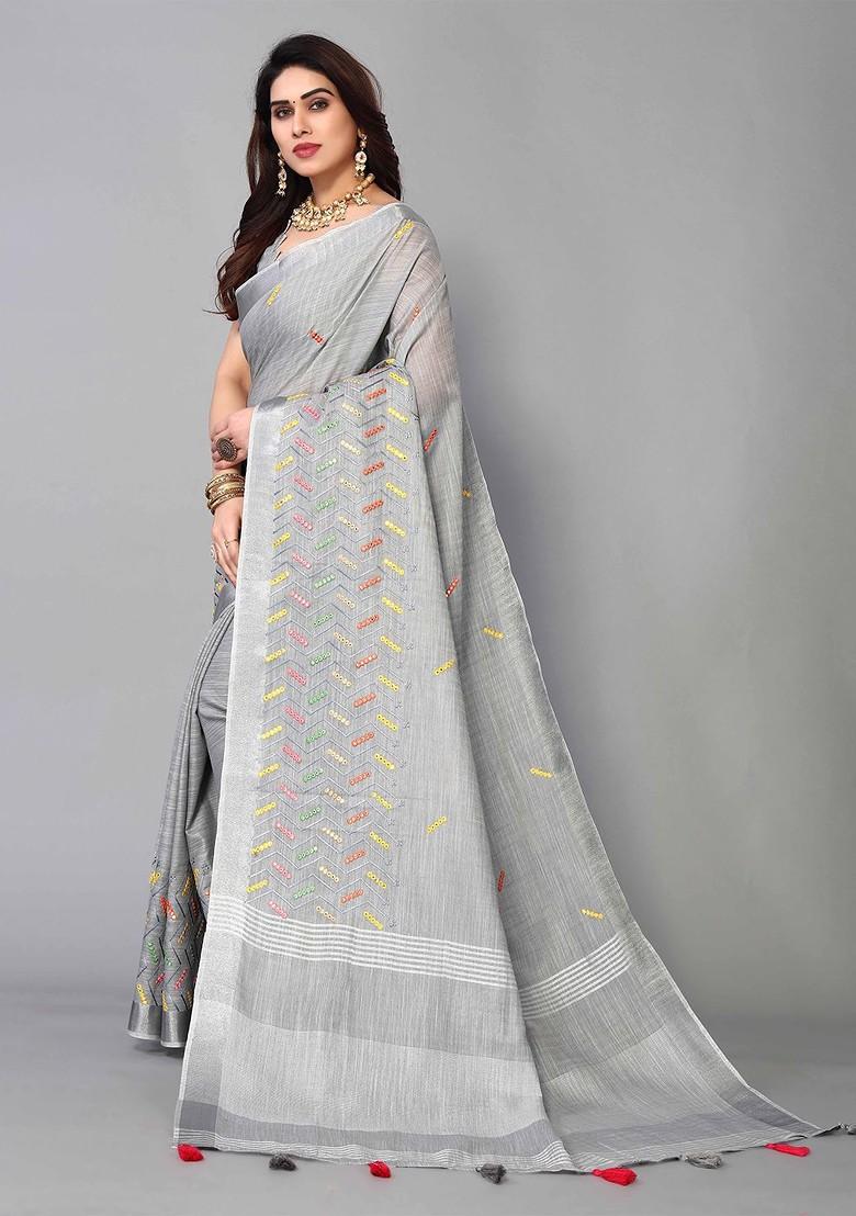 Grey Embroidered Poly Blend Saree Set