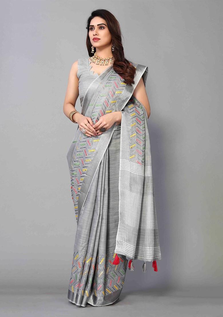 Grey Embroidered Poly Blend Saree Set