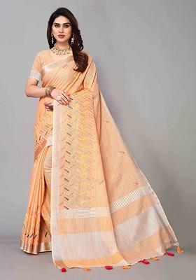 Orange Embroidered Poly Blend Saree Set