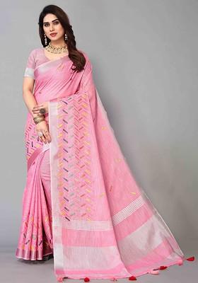 Pink Embroidered Poly Blend Saree Set
