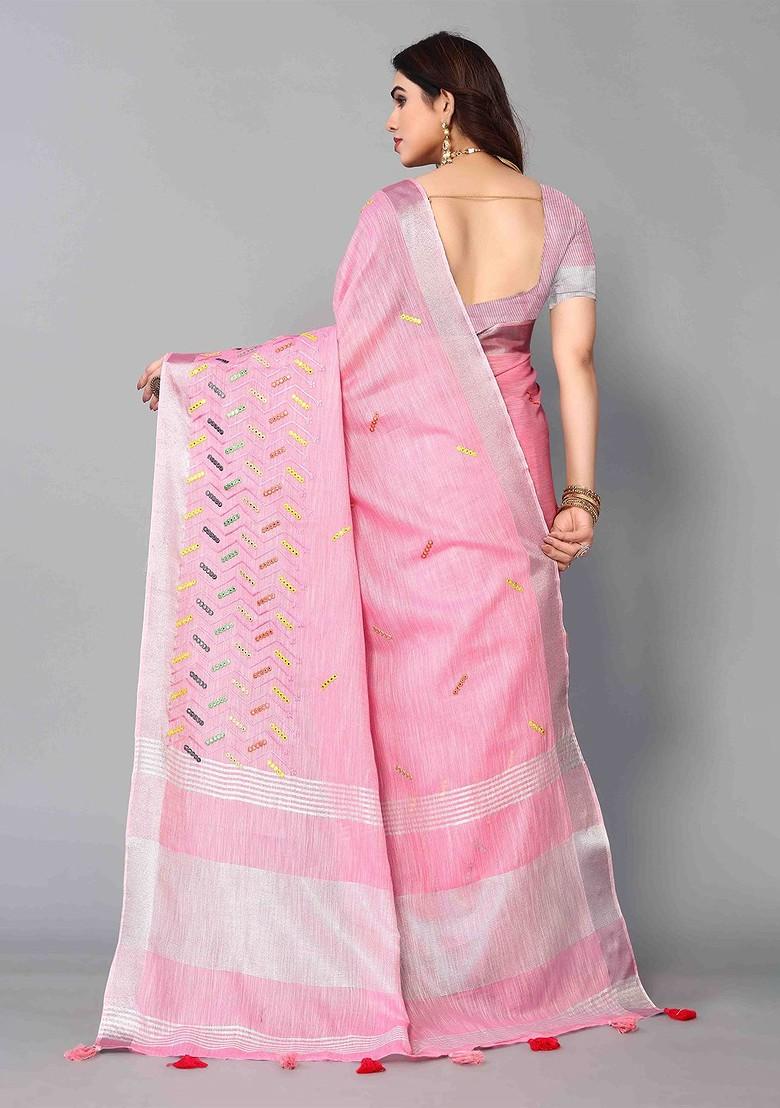 Pink Embroidered Poly Blend Sarees