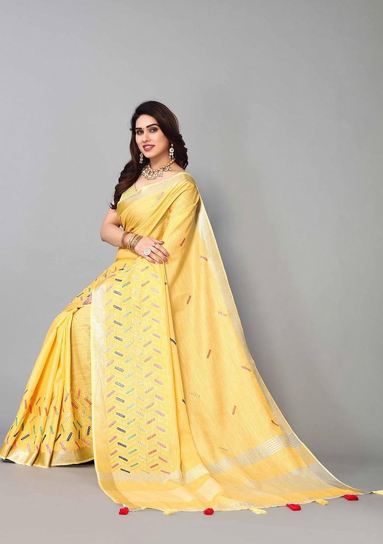Yellow Embroidered Poly Blend Saree Set