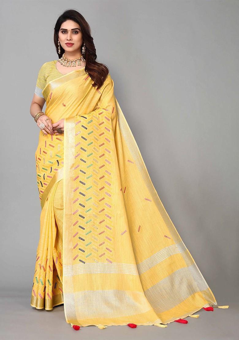 Yellow Embroidered Poly Blend Saree Set