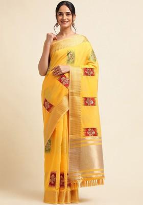 Yellow Embroidered Poly Blend Sarees
