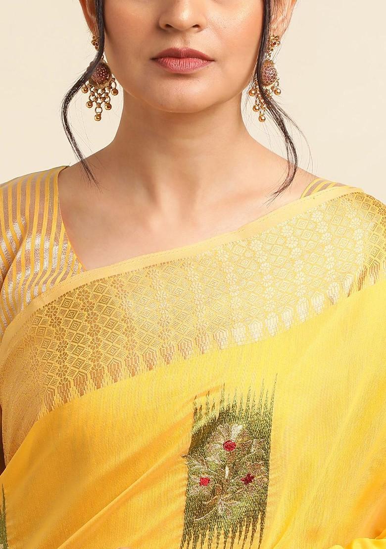 Yellow Embroidered Poly Blend Sarees