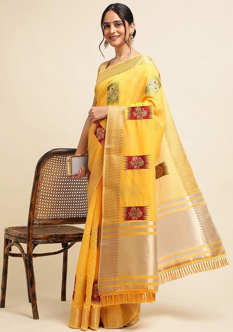 Yellow Embroidered Poly Blend Sarees