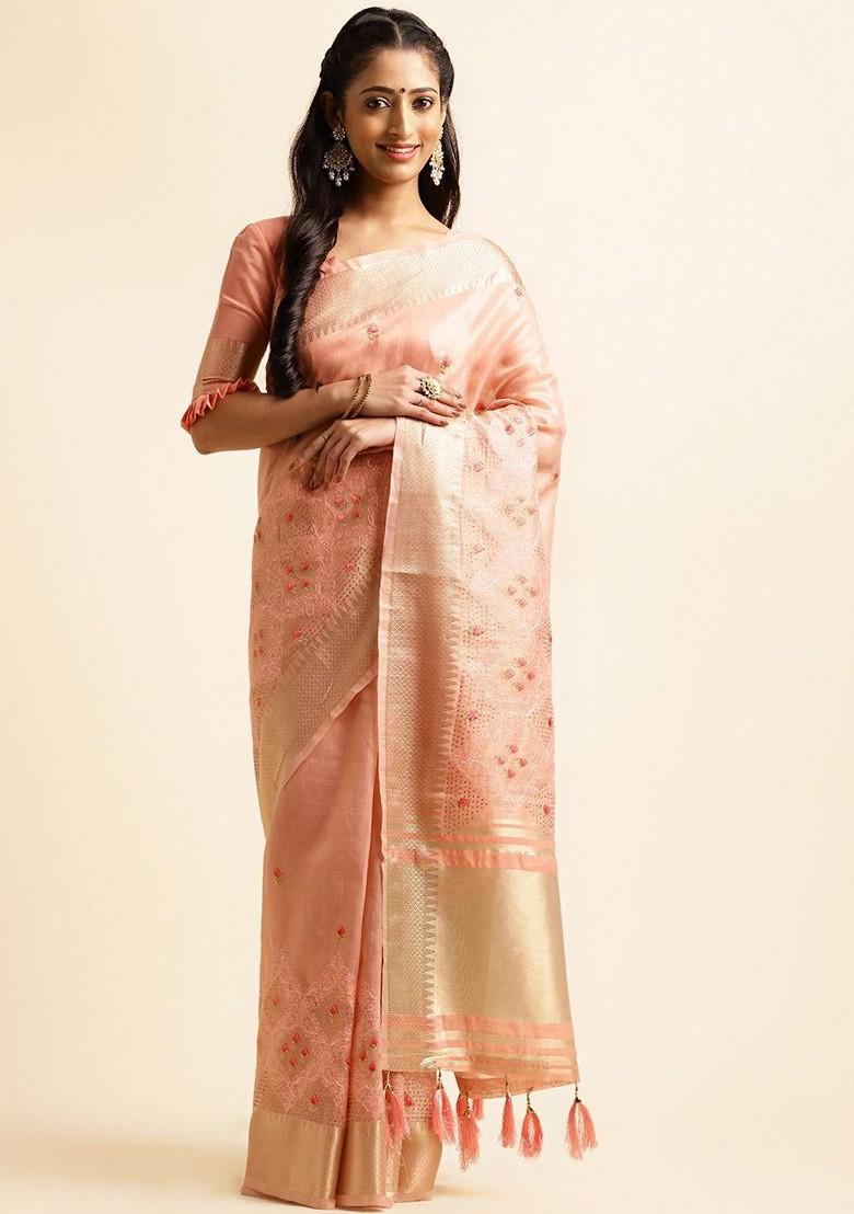 Peach Embroidered Poly Blend Sarees