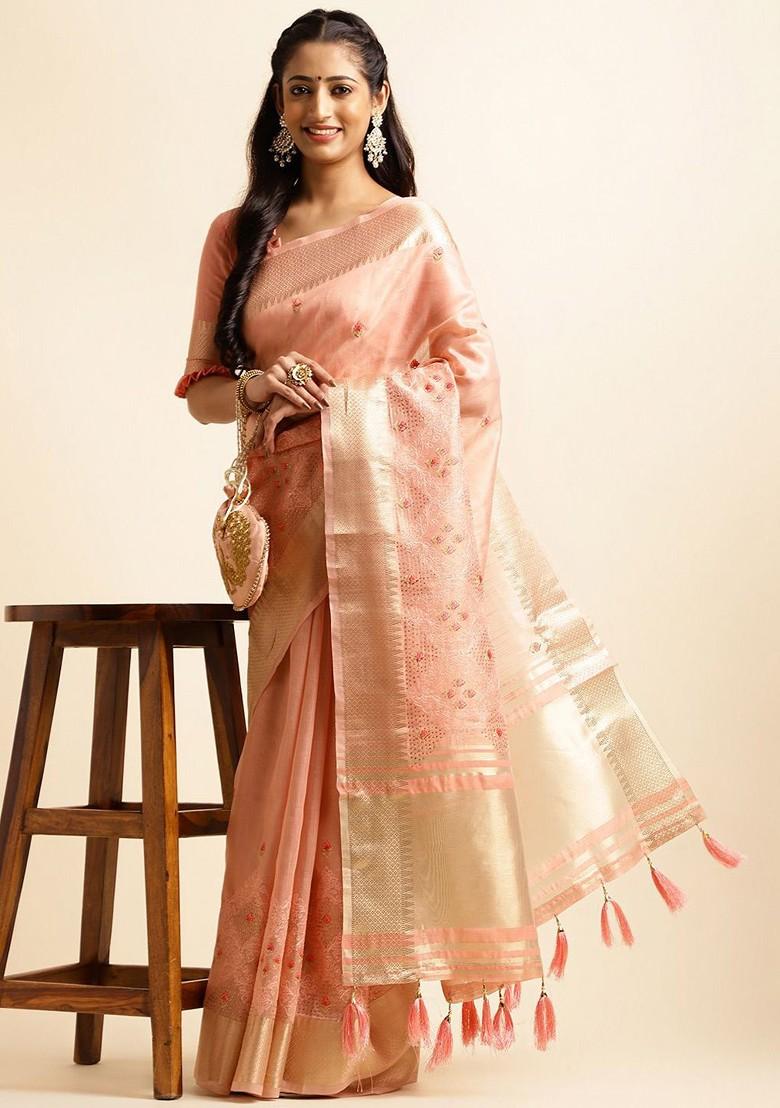 Peach Embroidered Poly Blend Sarees