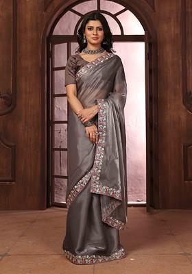 Grey Embroidered Poly Blend Sarees