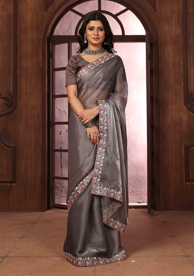 Grey Embroidered Poly Blend Sarees