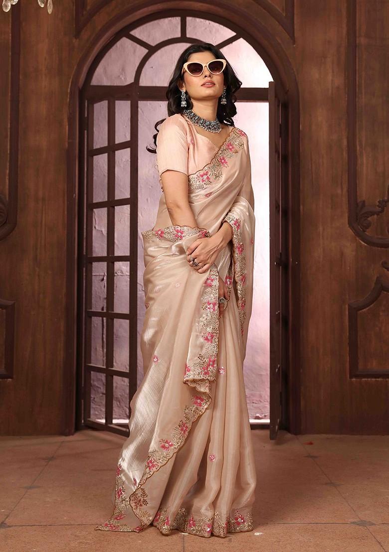 Peach Embroidered Poly Blend Sarees