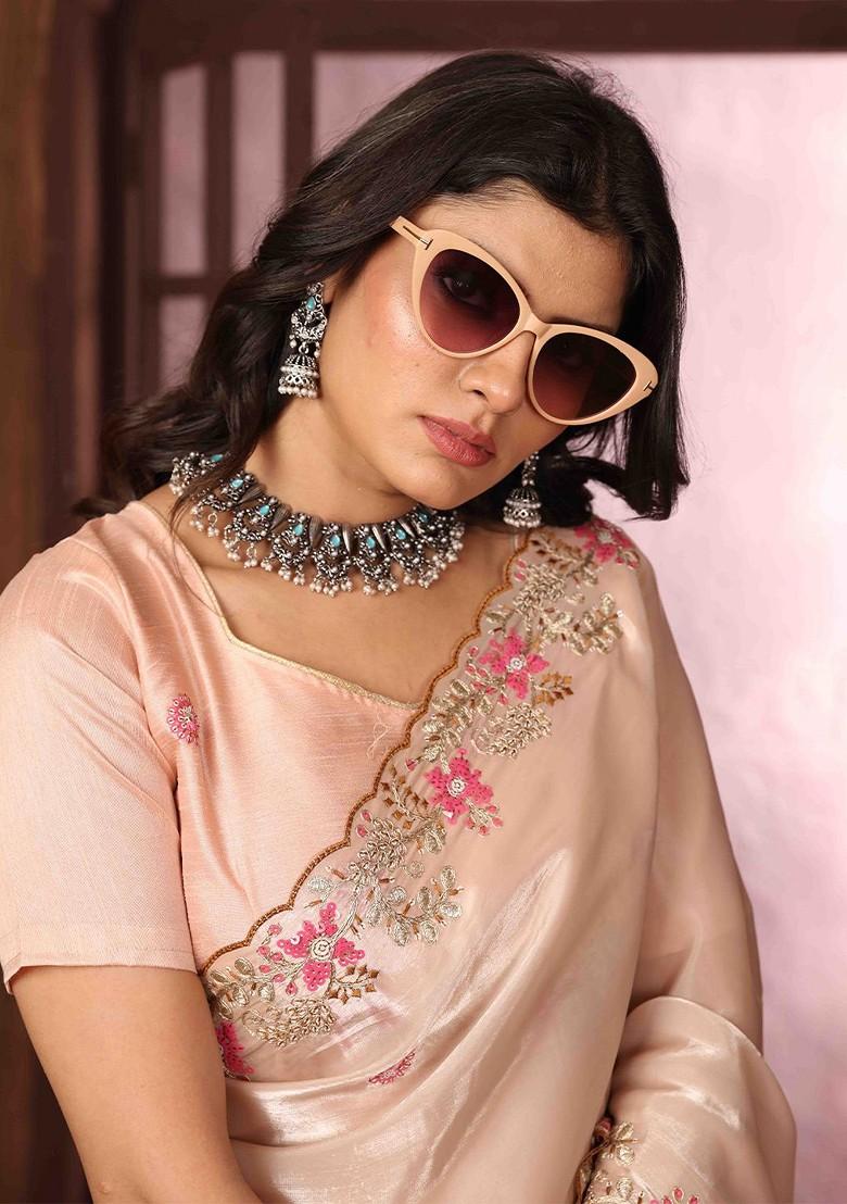 Peach Embroidered Poly Blend Sarees