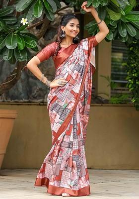 Orange Embroidered Poly Blend Sarees