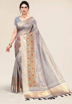 Grey Embroidered Poly Blend Sarees