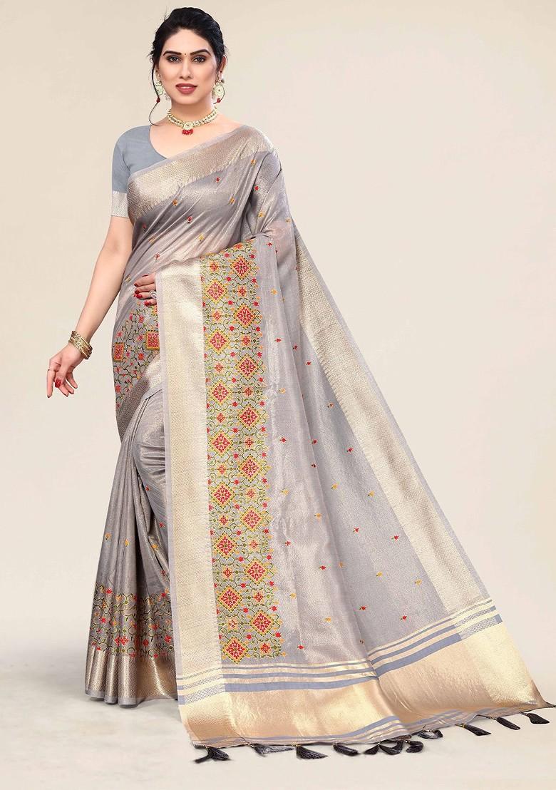 Grey Embroidered Poly Blend Sarees