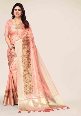 Peach Embroidered Poly Blend Sarees