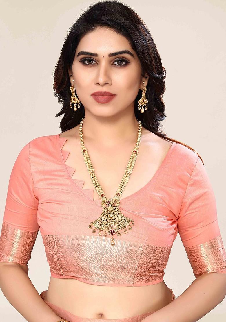 Peach Embroidered Poly Blend Sarees