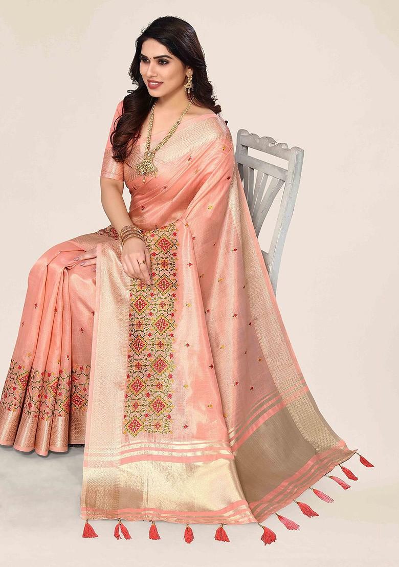 Peach Embroidered Poly Blend Sarees