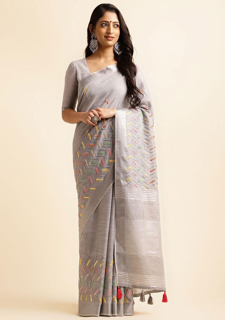 Grey Embroidered Poly Blend Sarees