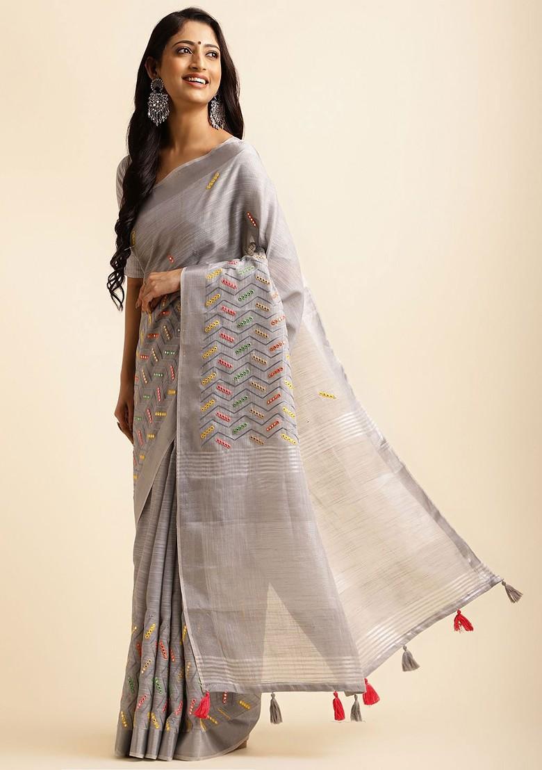 Grey Embroidered Poly Blend Sarees