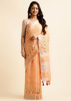 Orange Embroidered Poly Blend Sarees