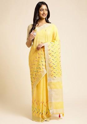 Yellow Embroidered Poly Blend Sarees