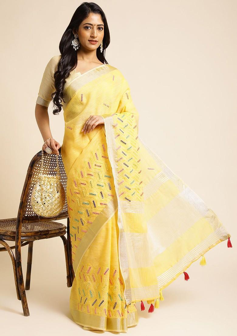 Yellow Embroidered Poly Blend Sarees