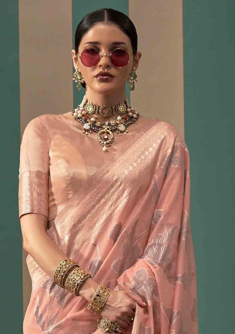 Peach Embroidered Poly Blend Sarees