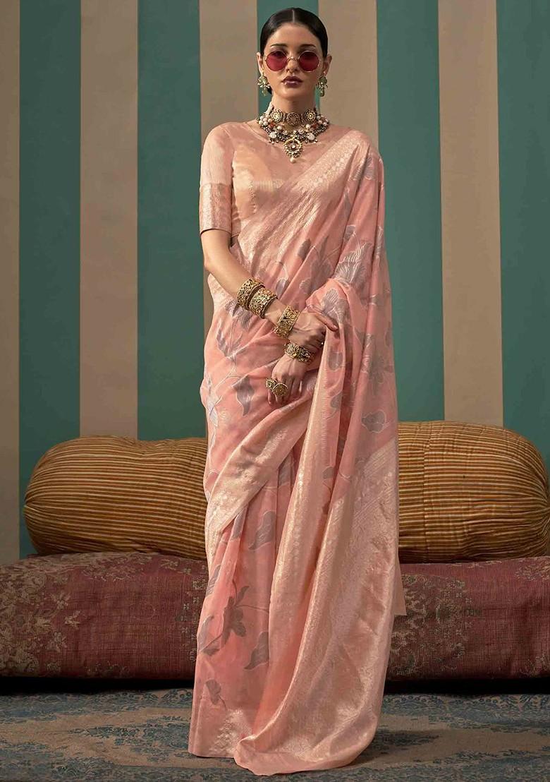 Peach Embroidered Poly Blend Sarees