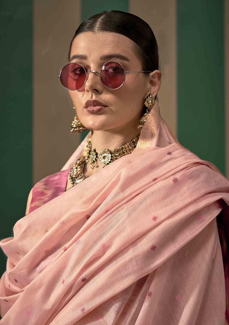 Peach Embroidered Poly Blend Sarees