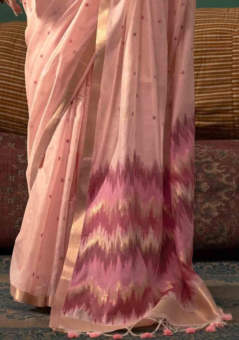 Peach Embroidered Poly Blend Sarees