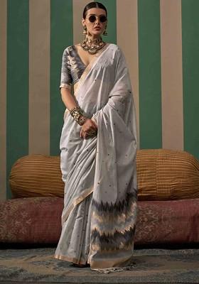 Grey Embroidered Poly Blend Sarees