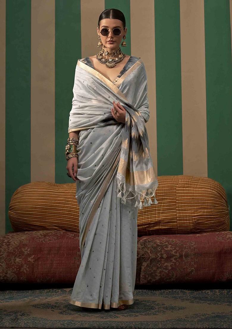 Grey Embroidered Poly Blend Sarees
