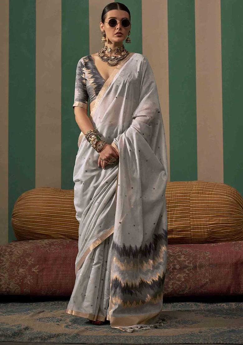 Grey Embroidered Poly Blend Sarees