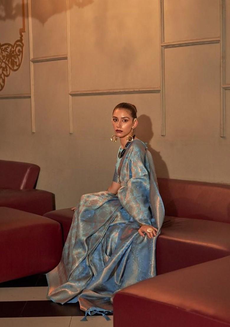 Blue Embroidered Poly Blend Sarees