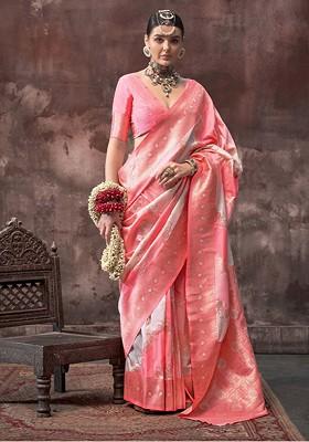 Peach Embroidered Poly Blend Sarees