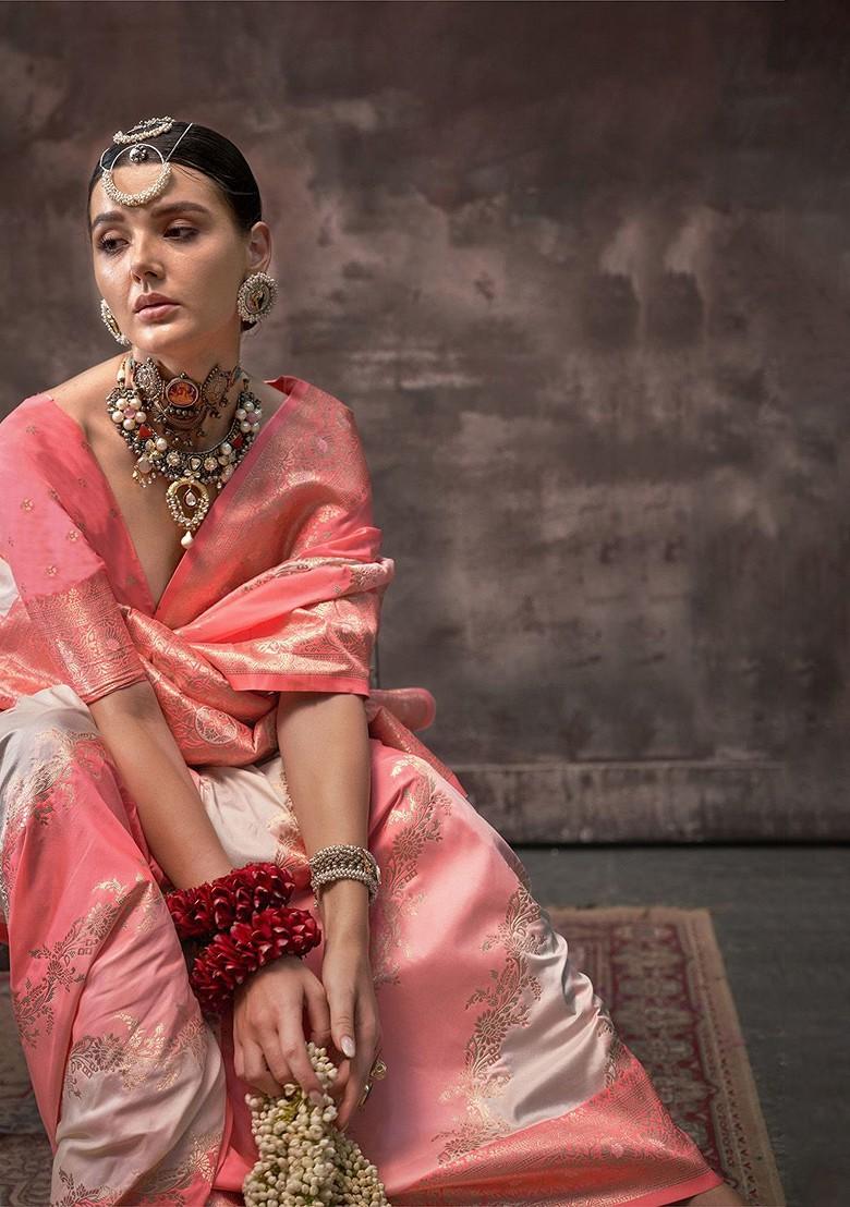 Peach Embroidered Poly Blend Sarees