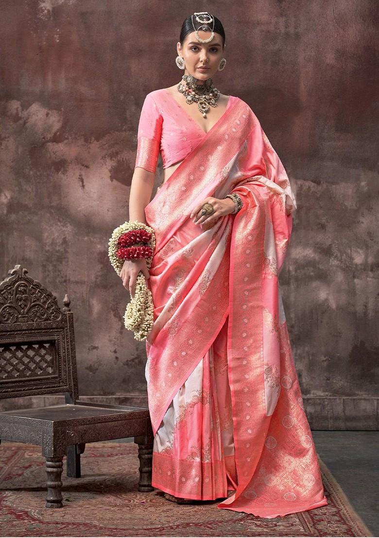 Peach Embroidered Poly Blend Sarees