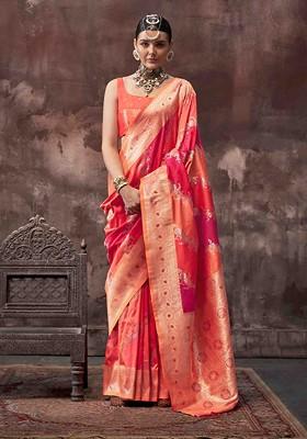 Orange Embroidered Poly Blend Sarees