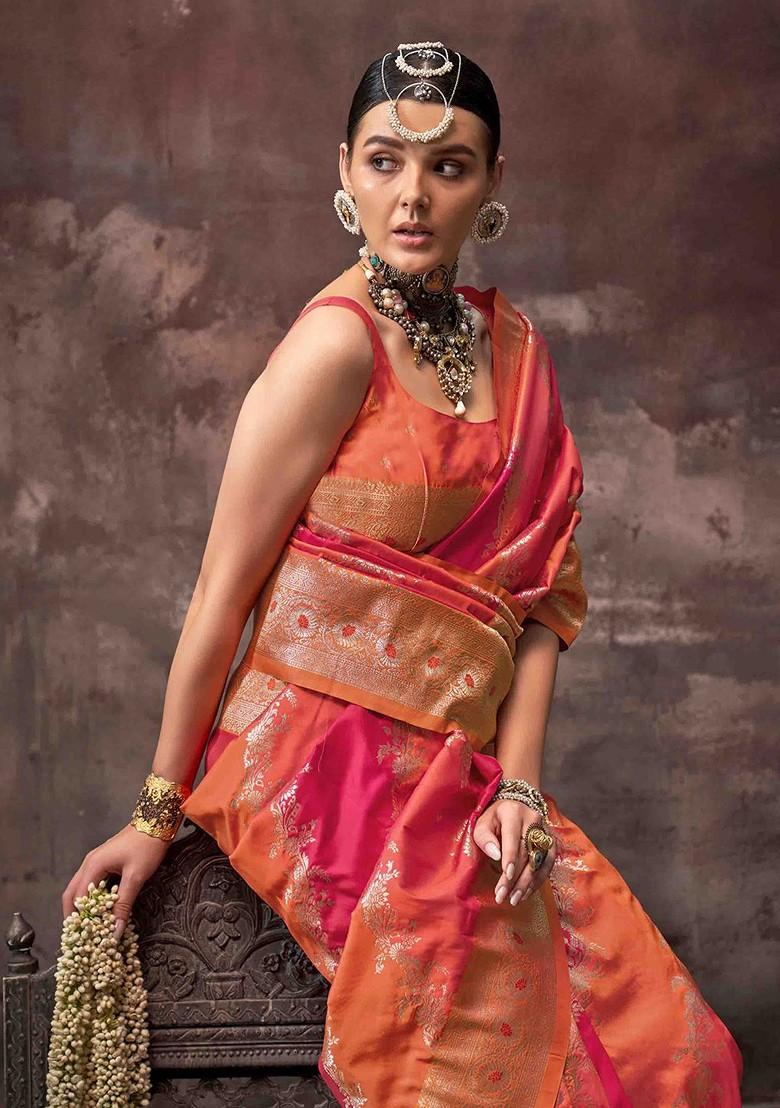 Orange Embroidered Poly Blend Sarees