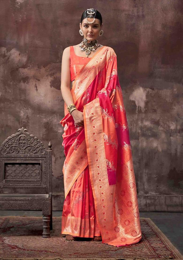 Orange Embroidered Poly Blend Sarees
