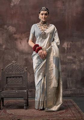 Grey Embroidered Poly Blend Sarees