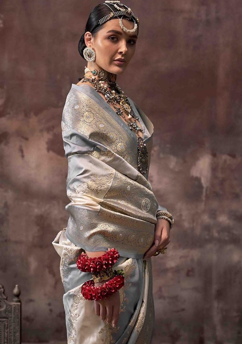 Grey Embroidered Poly Blend Sarees