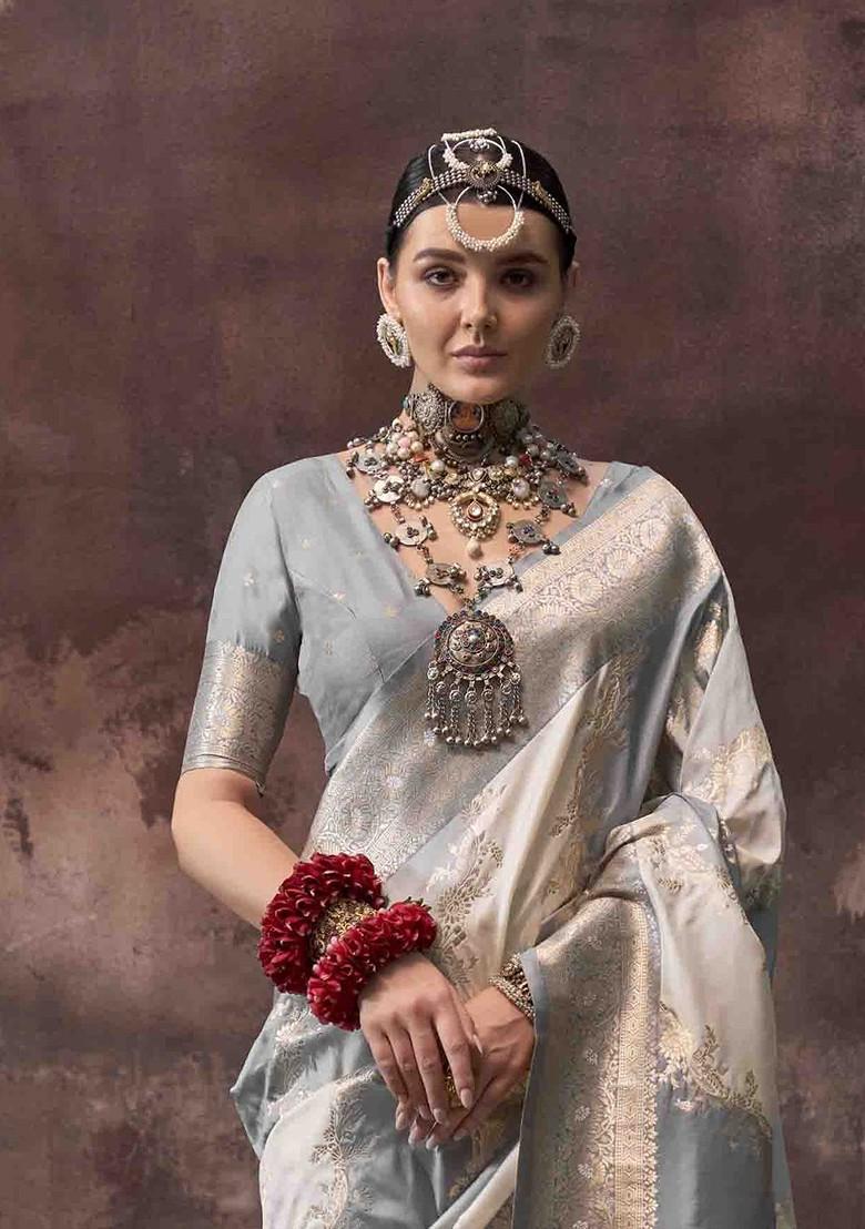 Grey Embroidered Poly Blend Sarees