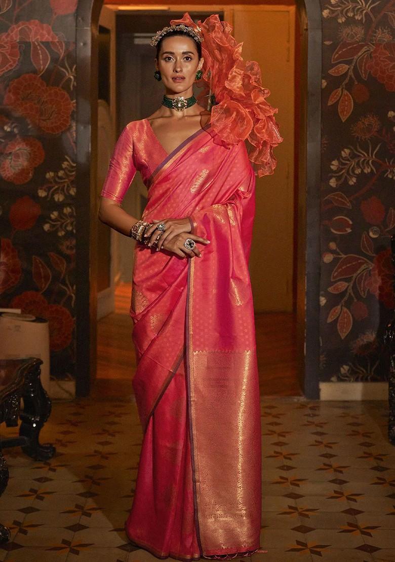 Red Embroidered Poly Blend Sarees