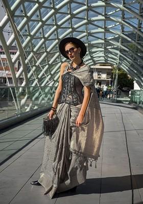 Grey Embroidered Poly Blend Sarees